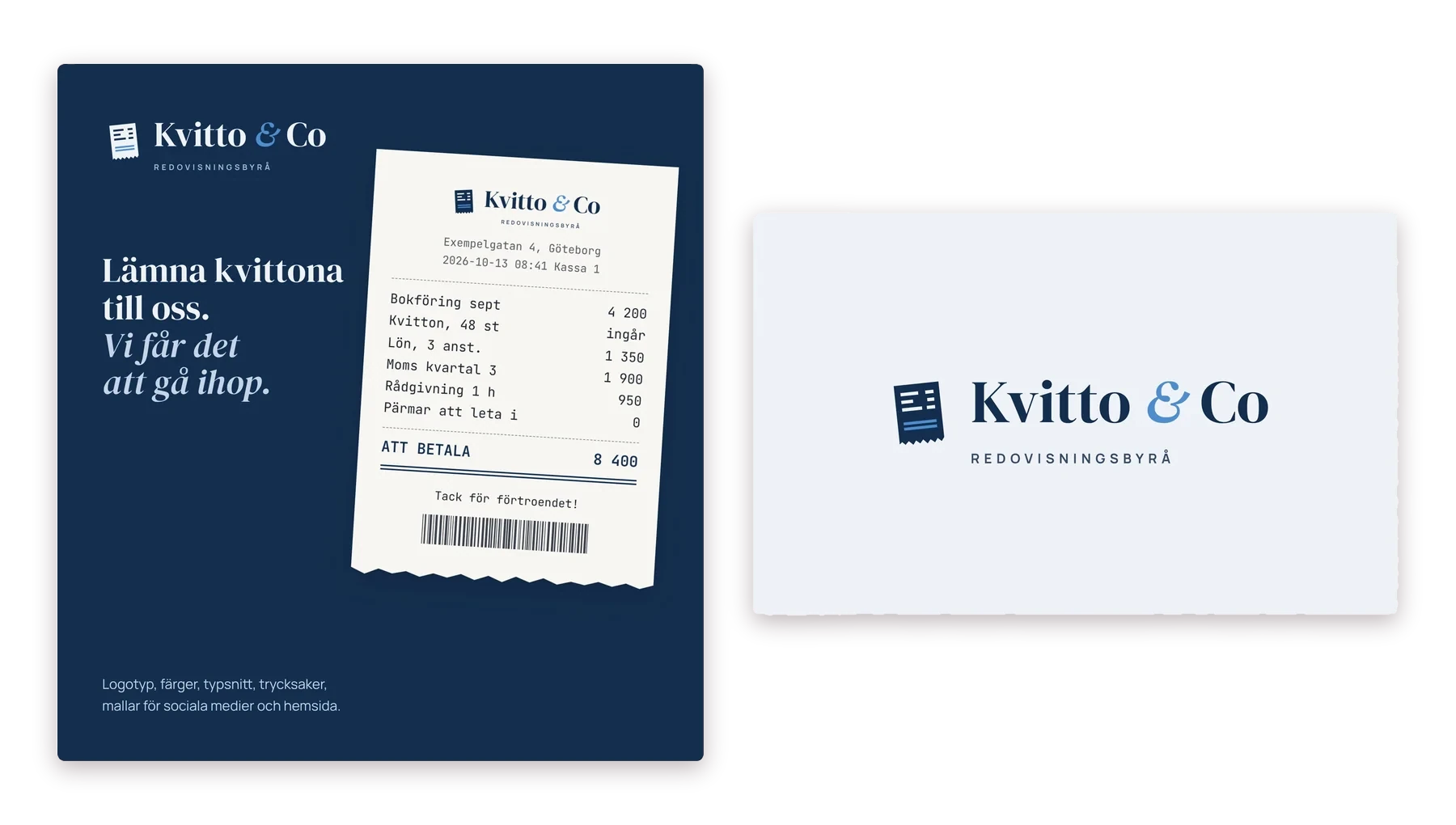 Grafisk profil för redovisningsbyrå: omslag och logotyp för Kvitto & Co