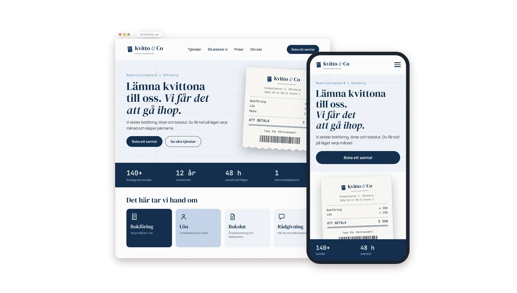 Hemsida för redovisningsbyrå i dator och mobil